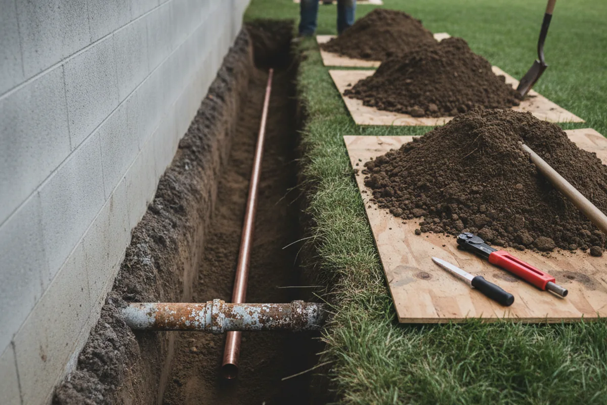 Excavated water line trench during Water Softener Installation in East Butler